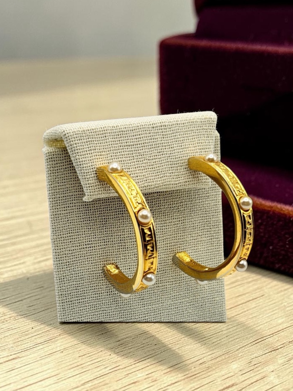 Vintage Fendi FF Gold Tone Pearl Half Hoop Earrings – Large 80s Signed Designer